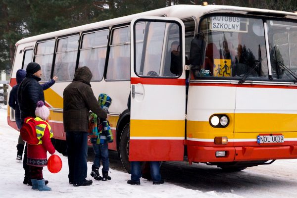 Schoolbus arriving at Rybaki Center to pick up pupils. In January 2015 Polish government carried out a one-off rescue operation of 179 Ukrainians of Polish descent and their spouses from theDonetsk and Luhansk provinces seized by the pro-Russian separatists. The risky evacuation took place amid high secrecy to avoid being targeted by rebels. The refugees were transported in buses to an airport in the eastern Ukrainian city of Kharkiv on January 10. Shortly after the operation a passenger bus was struck during fighting not far from Donetsk, killing 12 civilians. From Kharkiv, military planes flew the refugees to Poland where they were taken to two centres run by the Catholic charity Caritas in the northeastern villages of Rybaki and Lansk.
